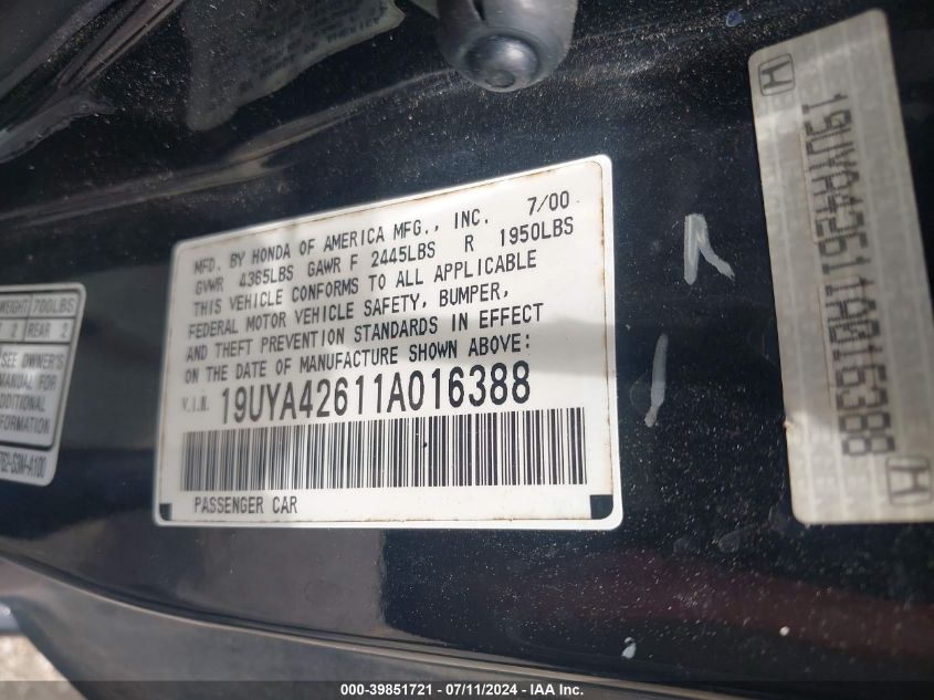 2001 Acura Cl 3.2 Type S VIN: 19UYA42611A016388 Lot: 39851721