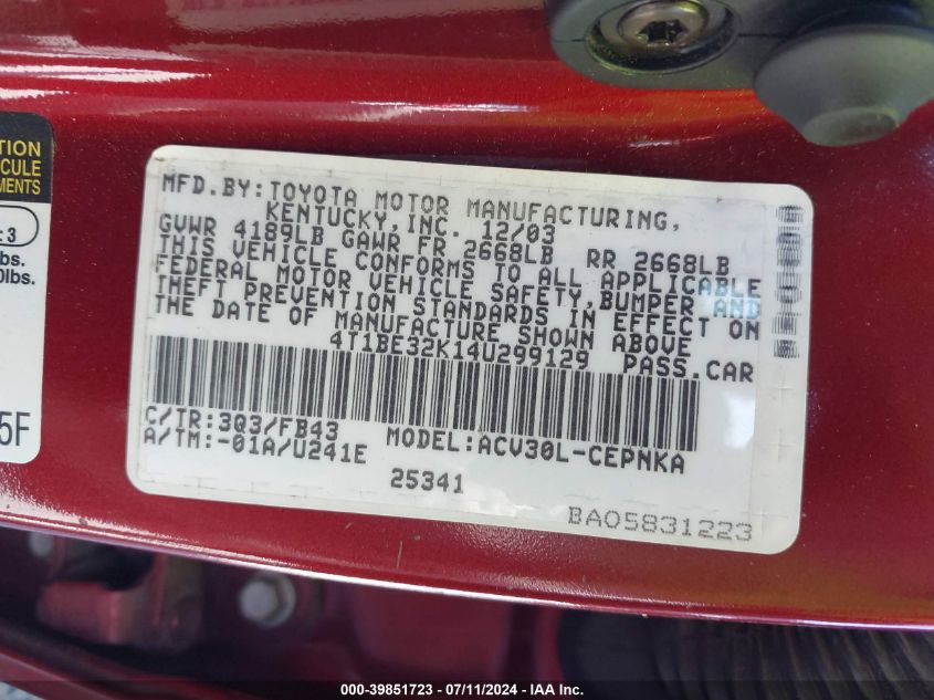 2004 Toyota Camry Le VIN: 4T1BE32K14U299129 Lot: 39851723