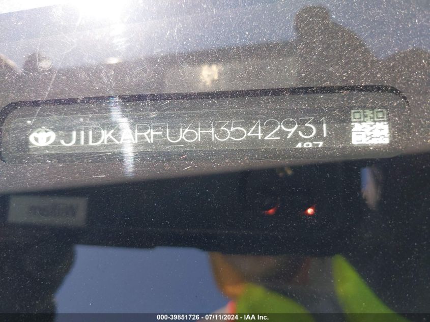 2017 Toyota Prius Four VIN: JTDKARFU6H3542931 Lot: 39851726