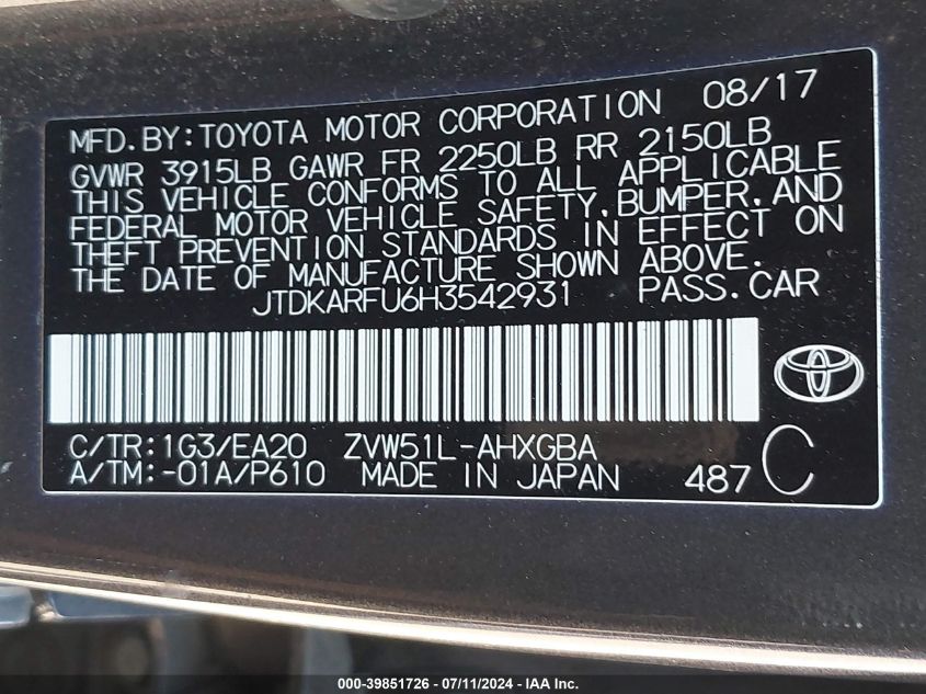 2017 Toyota Prius Four VIN: JTDKARFU6H3542931 Lot: 39851726