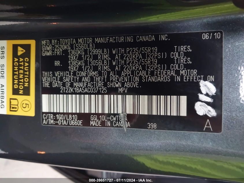 2010 Lexus Rx 350 VIN: 2T2ZK1BA5AC037125 Lot: 39851727