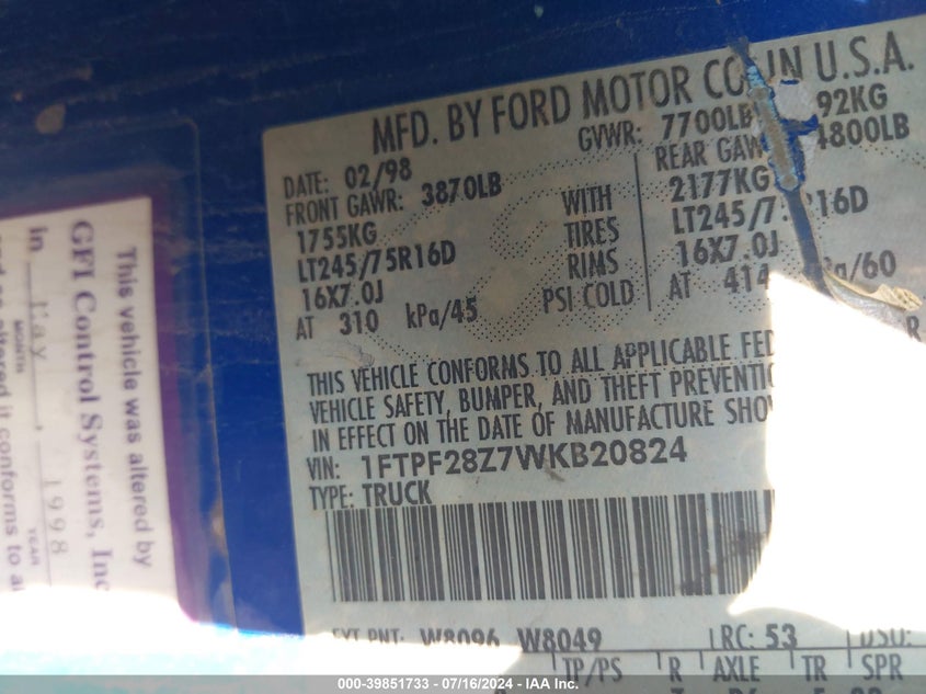 1998 Ford F-250 Lariat/Standard/Xl/Xlt VIN: 1FTPF28Z7WKB20824 Lot: 39851733