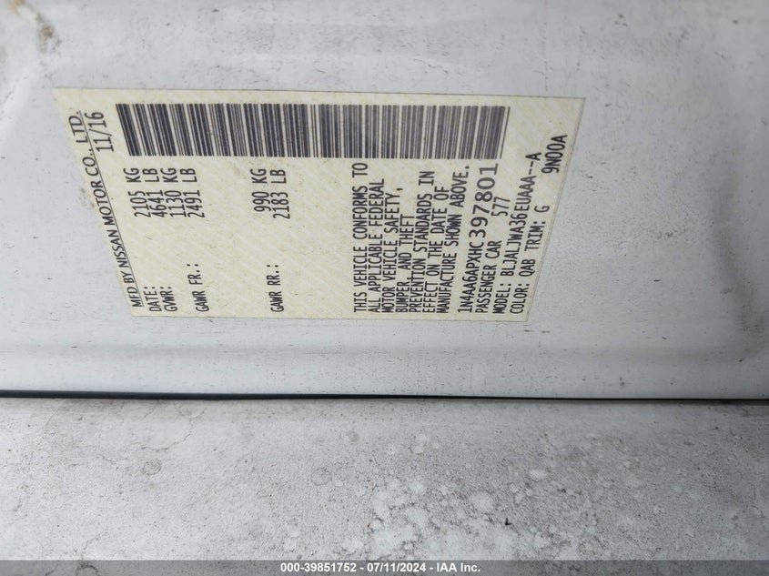 VIN 1N4AA6APXHC397801 2017 NISSAN MAXIMA 3.5 SV