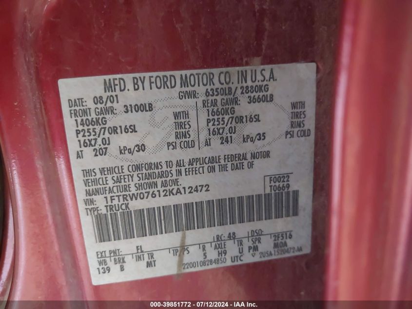 2002 Ford F150 Supercrew VIN: 1FTRW07612KA12472 Lot: 39851772