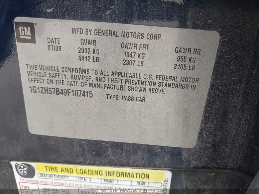 2009 Chevrolet Malibu Lt VIN: 1G1ZH57B49F107415 Lot: 39851780