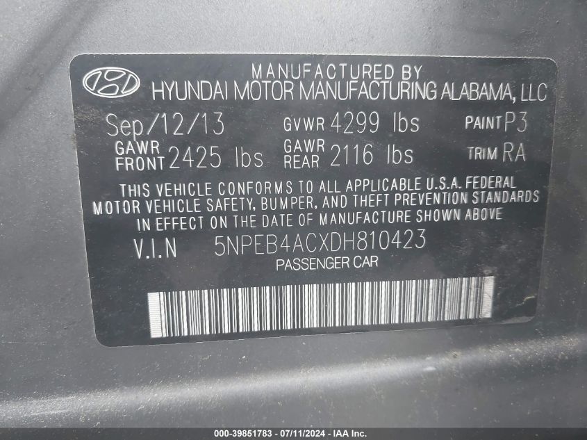 5NPEB4ACXDH810423 | 2013 HYUNDAI SONATA