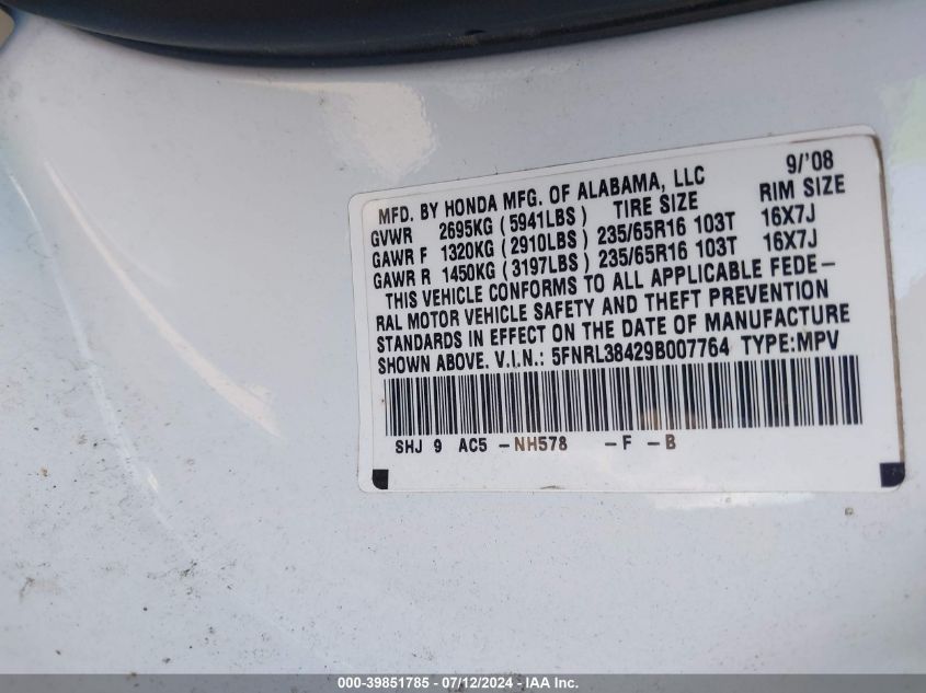 2009 Honda Odyssey Ex VIN: 5FNRL38429B007764 Lot: 39851785