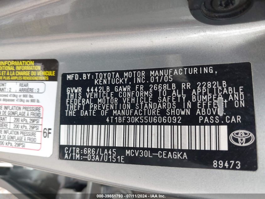 2005 Toyota Camry Xle V6 VIN: 4T1BF30K55U606092 Lot: 39851793