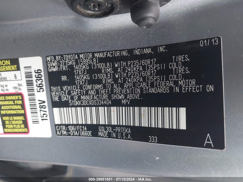 2013 Toyota Sienna Le V6 8 Passenger VIN: 5TDKK3DCXDS334404 Lot: 39851801