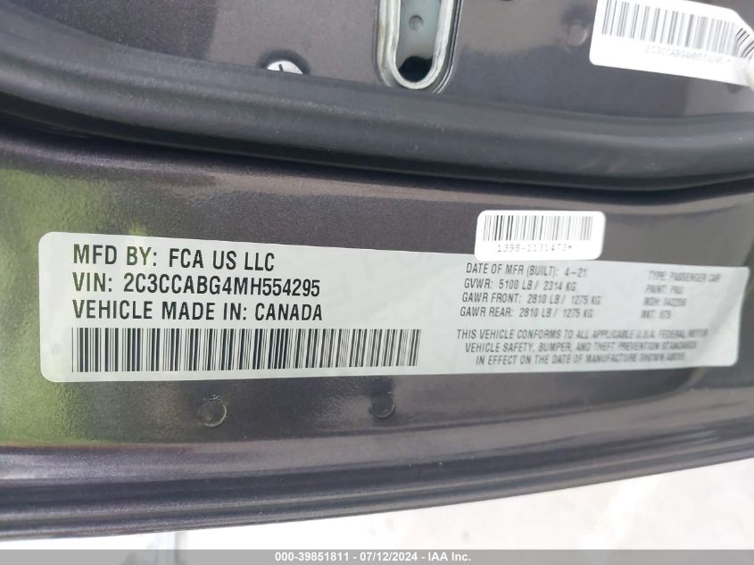 2021 Chrysler 300 300S VIN: 2C3CCABG4MH554295 Lot: 39851811