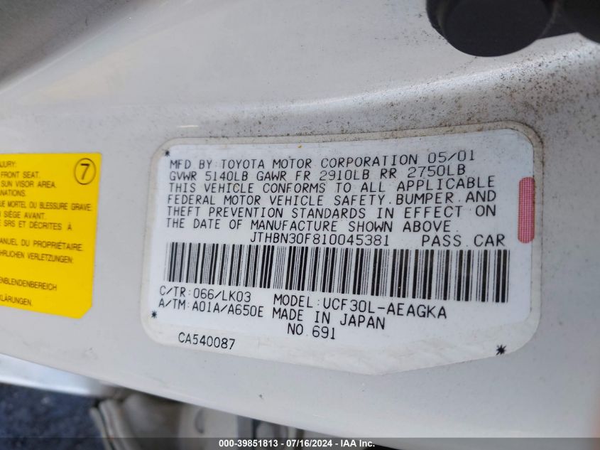 2001 Lexus Ls 430 VIN: JTHBN30F810045381 Lot: 39851813