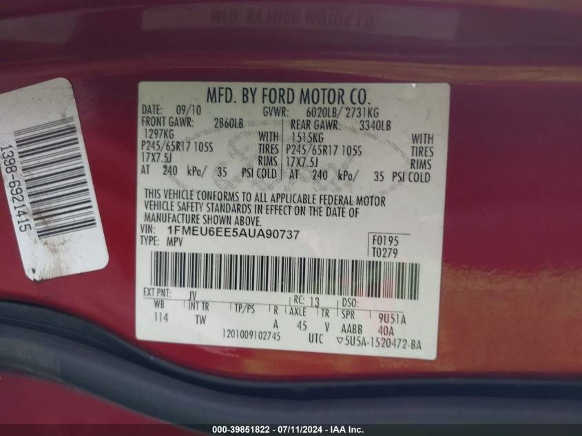 2010 Ford Explorer Eddie Bauer VIN: 1FMEU6EE5AUA90737 Lot: 39851822