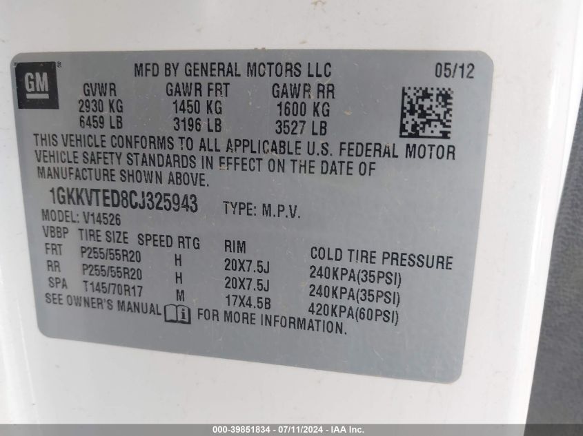 2012 GMC Acadia Denali VIN: 1GKKVTED8CJ325943 Lot: 39851834