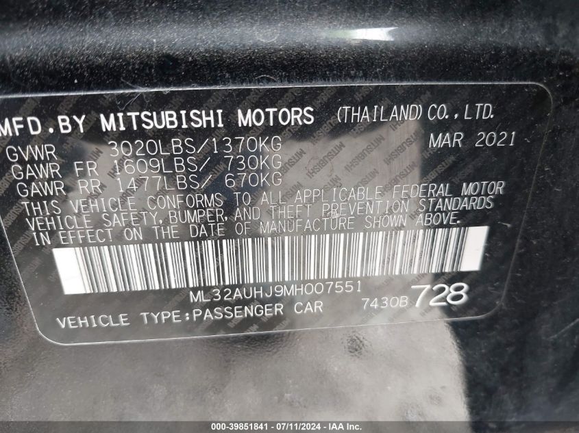 2021 Mitsubishi Mirage Carbonite Edition/Es/Le VIN: ML32AUHJ9MH007551 Lot: 39851841