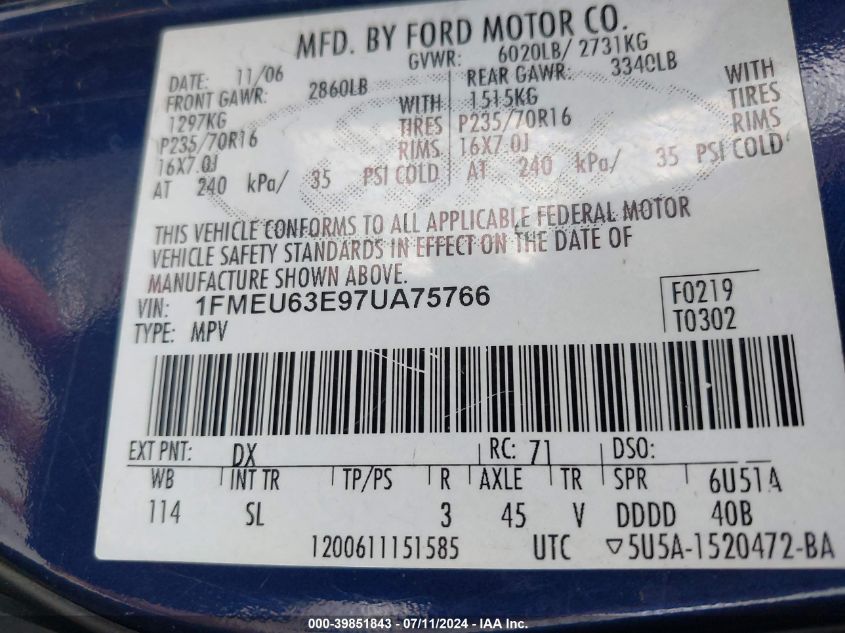 2007 Ford Explorer Xlt VIN: 1FMEU63E97UA75766 Lot: 39851843