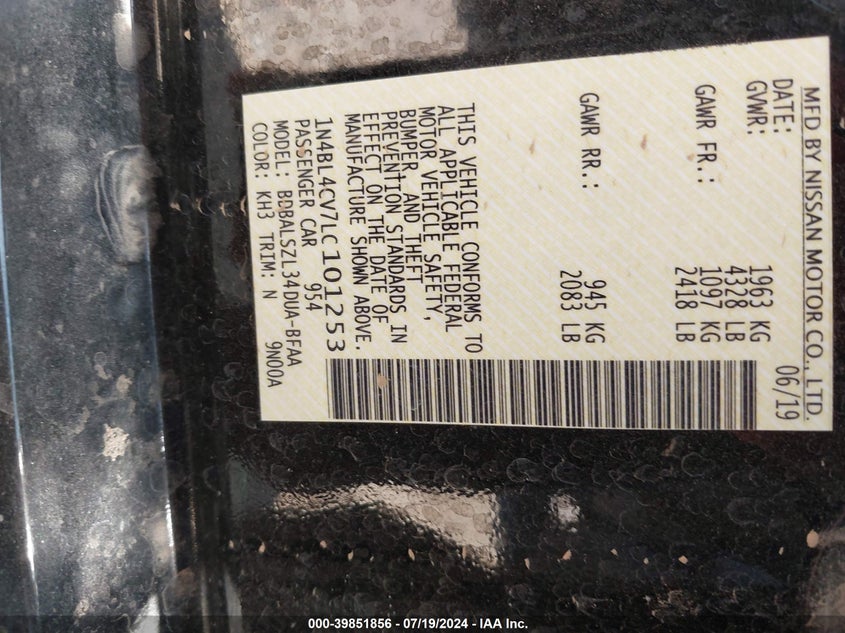 2020 Nissan Altima Sr Fwd VIN: 1N4BL4CV7LC101253 Lot: 39851856