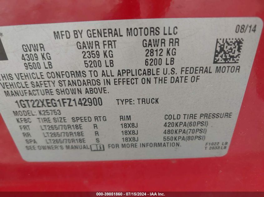 2015 GMC Sierra 2500Hd VIN: 1GT22XEG1FZ142900 Lot: 39851860