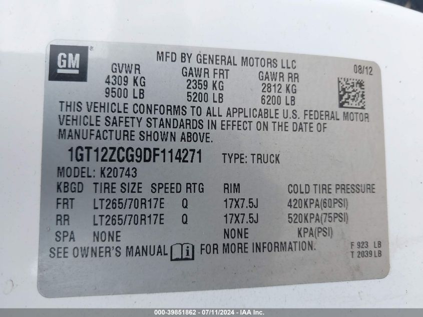 2013 GMC Sierra 2500Hd Work Truck VIN: 1GT12ZCG9DF114271 Lot: 39851862