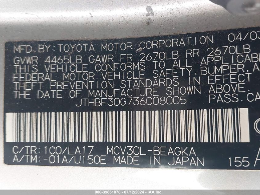 2003 Lexus Es 300 VIN: JTHBF30G736008005 Lot: 39851878