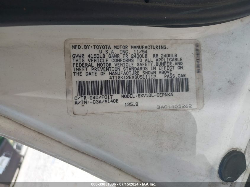 1995 Toyota Camry Le VIN: 4T1SK12EXSU511112 Lot: 39851896