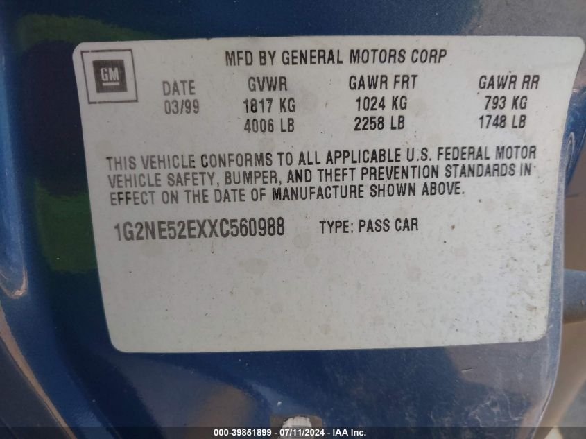 1999 Pontiac Grand Am Se1 VIN: 1G2NE52EXXC560988 Lot: 39851899