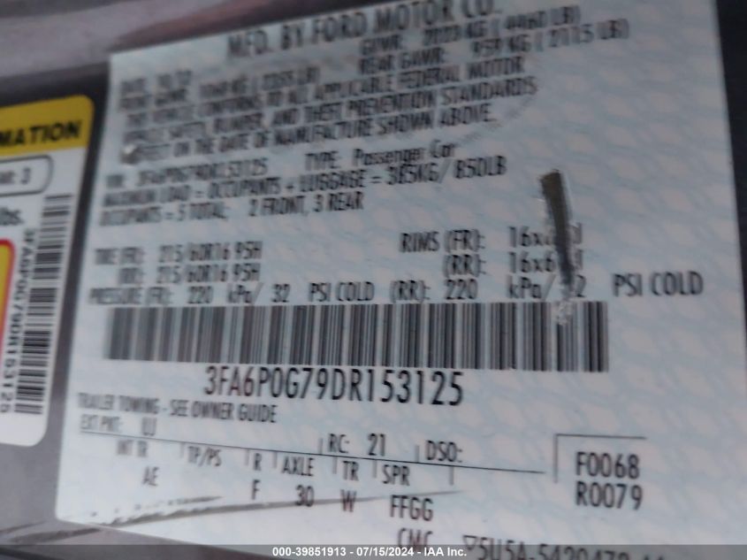 2013 Ford Fusion S VIN: 3FA6P0G79DR153125 Lot: 39851913