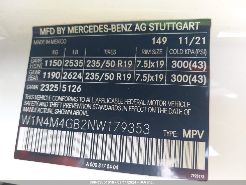 W1N4M4GB2NW179353 2022 Mercedes-Benz Glb 250