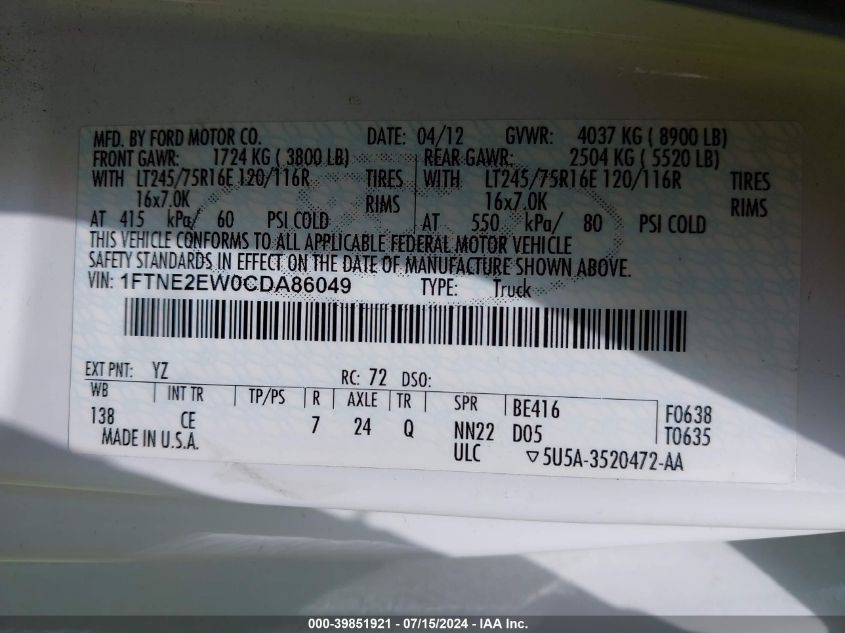 2012 Ford E-250 Commercial VIN: 1FTNE2EW0CDA86049 Lot: 39851921