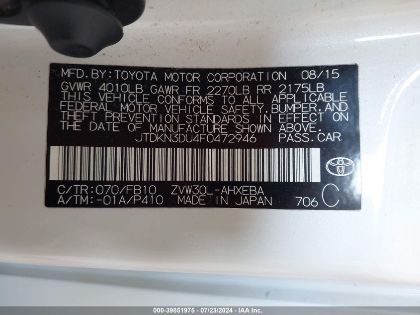 2015 Toyota Prius VIN: JTDKN3DU4F0472946 Lot: 39851975