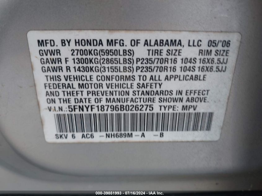 2006 Honda Pilot Ex-L VIN: 5FNYF18796B026275 Lot: 39851993