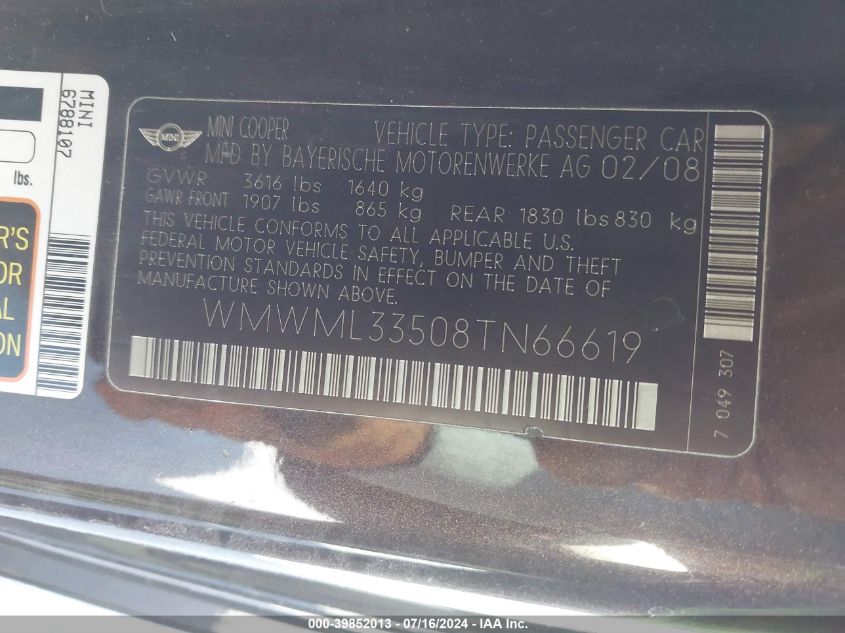 2008 Mini Cooper Clubman VIN: WMWML33508TN66619 Lot: 39852013