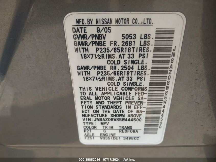 2005 Nissan Murano Sl VIN: JN8AZ08W85W444500 Lot: 39852016