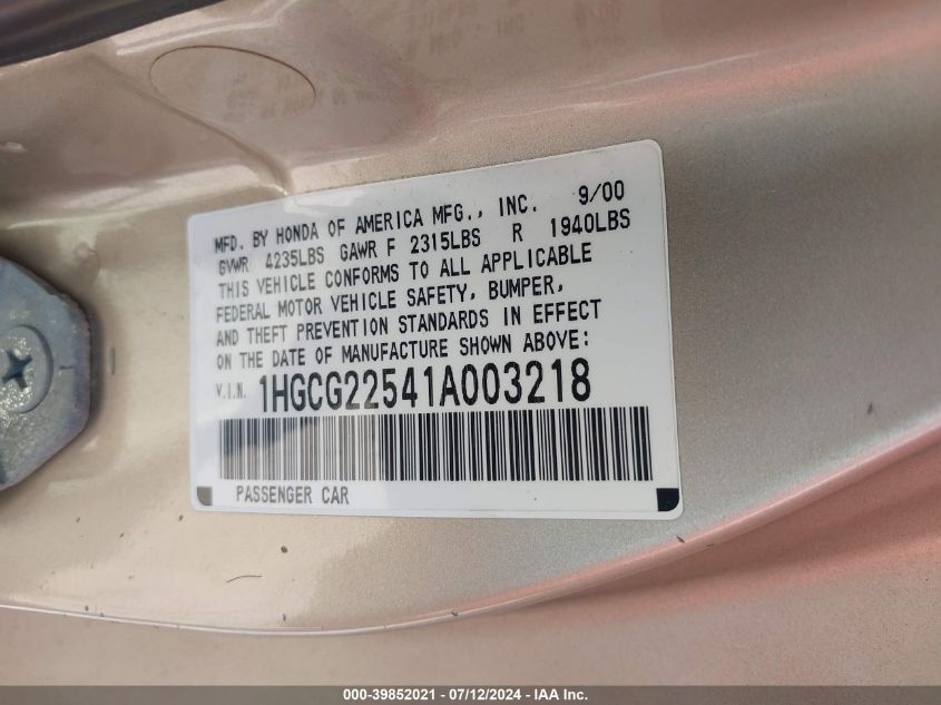 2001 Honda Accord 3.0 Ex VIN: 1HGCG22541A003218 Lot: 39852021