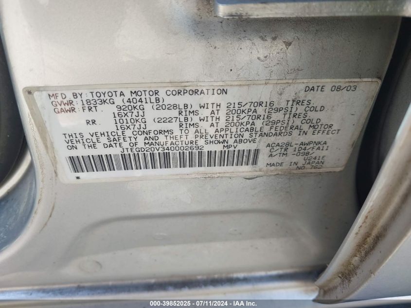 2004 Toyota Rav4 VIN: JTEGD20V340002692 Lot: 39852025