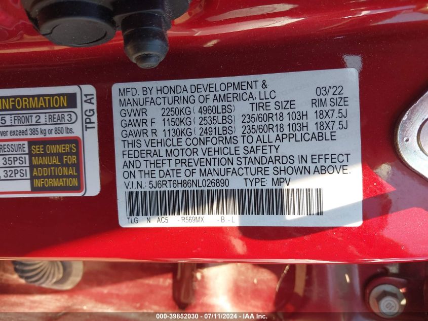 2022 Honda Cr-V Hybrid Ex-L VIN: 5J6RT6H86NL026890 Lot: 39852030