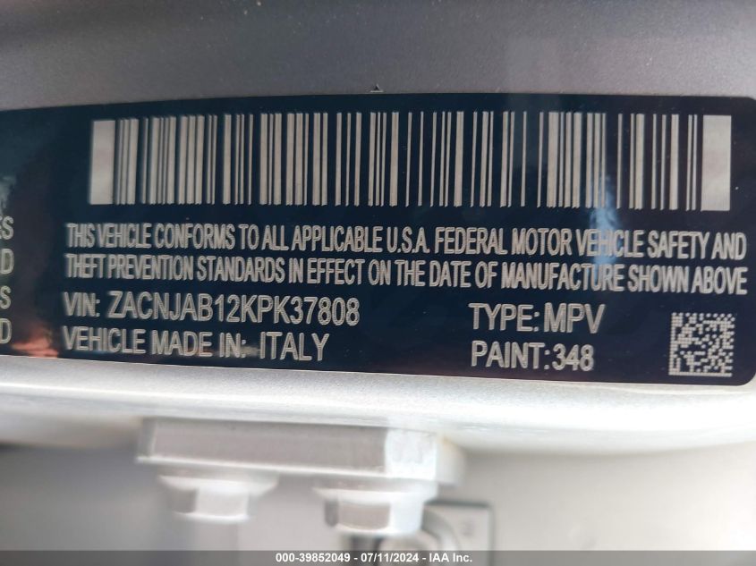 2019 Jeep Renegade Latitude Fwd VIN: ZACNJAB12KPK37808 Lot: 39852049