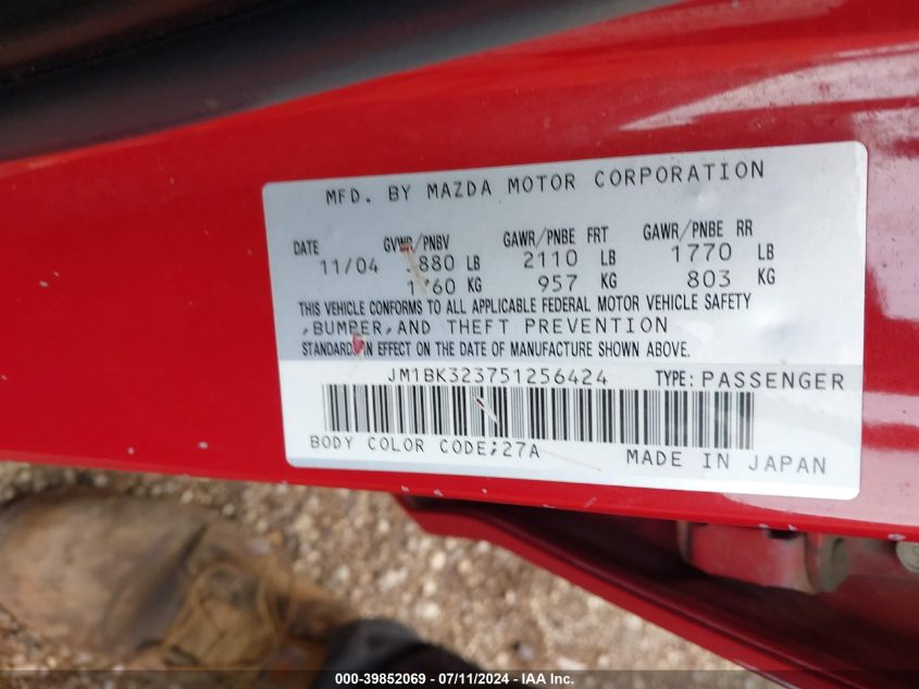 2005 Mazda Mazda3 S VIN: JM1BK323751256424 Lot: 39852069