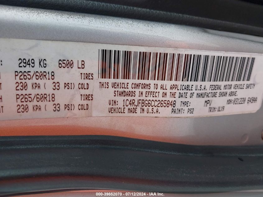 2012 Jeep Grand Cherokee Limited VIN: 1C4RJFBG6CC265848 Lot: 39852070