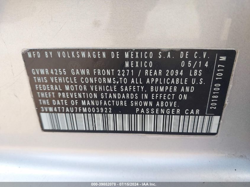 2015 Volkswagen Golf Gti 2.0T Se 4-Door VIN: 3VW4T7AU7FM003922 Lot: 39852078