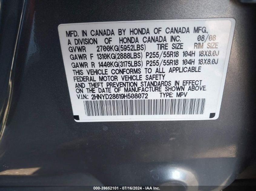 2009 Acura Mdx Technology Package VIN: 2HNYD28619H508072 Lot: 39852101