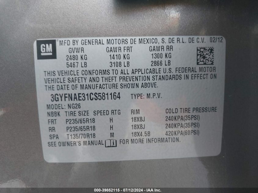 2012 Cadillac Srx Luxury Collection VIN: 3GYFNAE31CS581164 Lot: 39852115