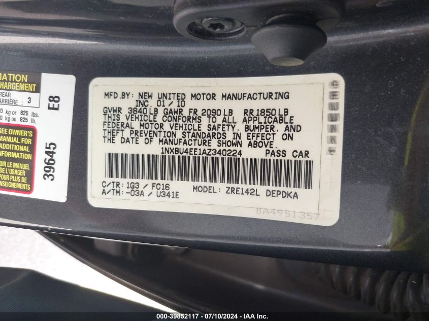 2010 Toyota Corolla Le VIN: 1NXBU4EE1AZ340224 Lot: 39852117