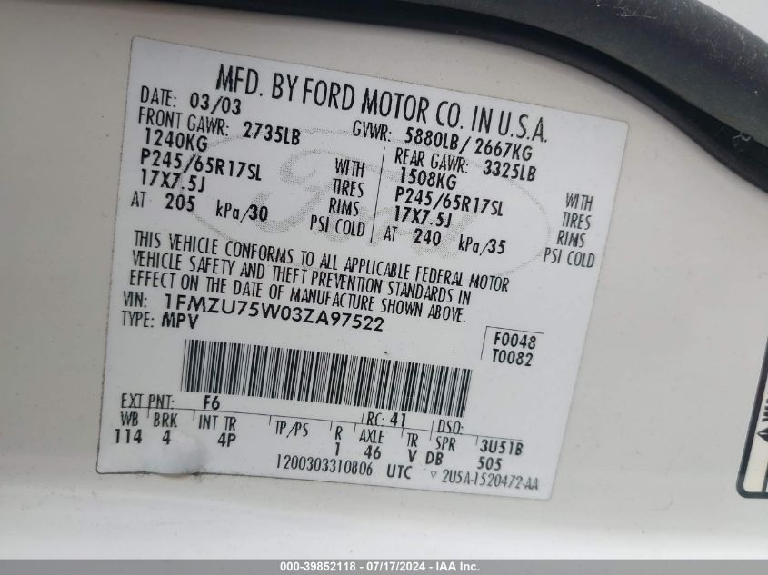 2003 Ford Explorer Limited VIN: 1FMZU75W03ZA97522 Lot: 39852118
