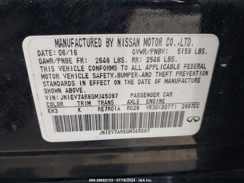 2016 Infiniti Q50 3.0T Premium VIN: JN1EV7AR6GM345097 Lot: 39852133