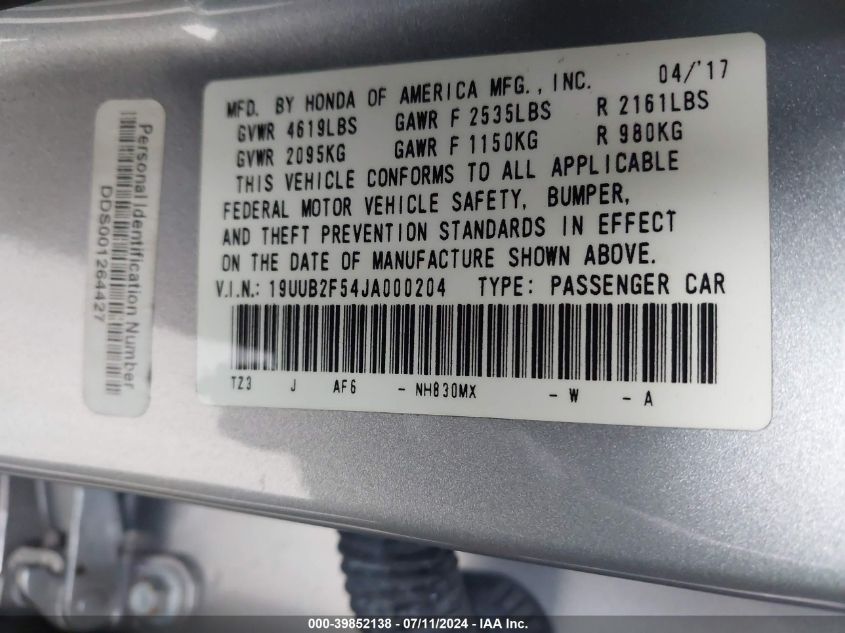 2018 Acura Tlx Tech Pkg VIN: 19UUB2F54JA000204 Lot: 39852138