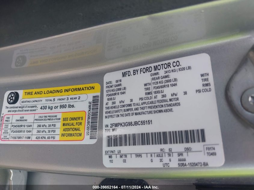 2018 Ford Edge Se VIN: 2FMPK3G98JBC55151 Lot: 39852164