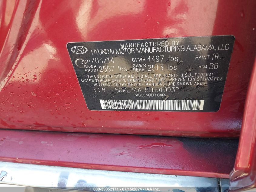 2015 Hyundai Sonata Limited VIN: 5NPE34AF5FH010932 Lot: 39852171