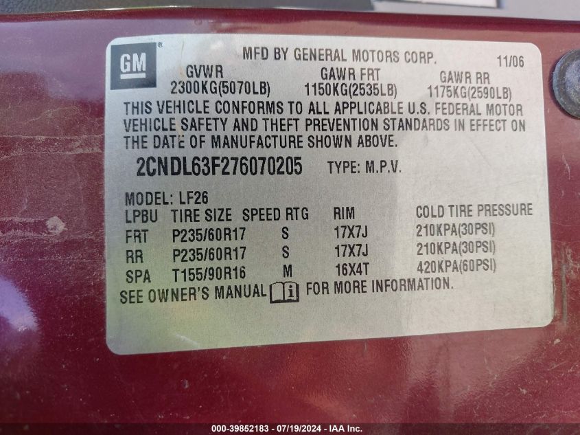 2007 Chevrolet Equinox Lt VIN: 2CNDL63F276070205 Lot: 39852183