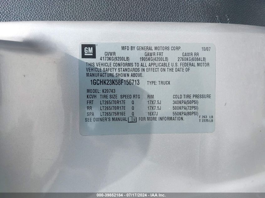2008 Chevrolet Silverado 2500Hd Ltz VIN: 1GCHK23K58F156713 Lot: 39852184