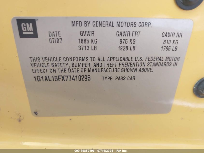 2007 Chevrolet Cobalt Lt VIN: 1G1AL15FX77410295 Lot: 39852196